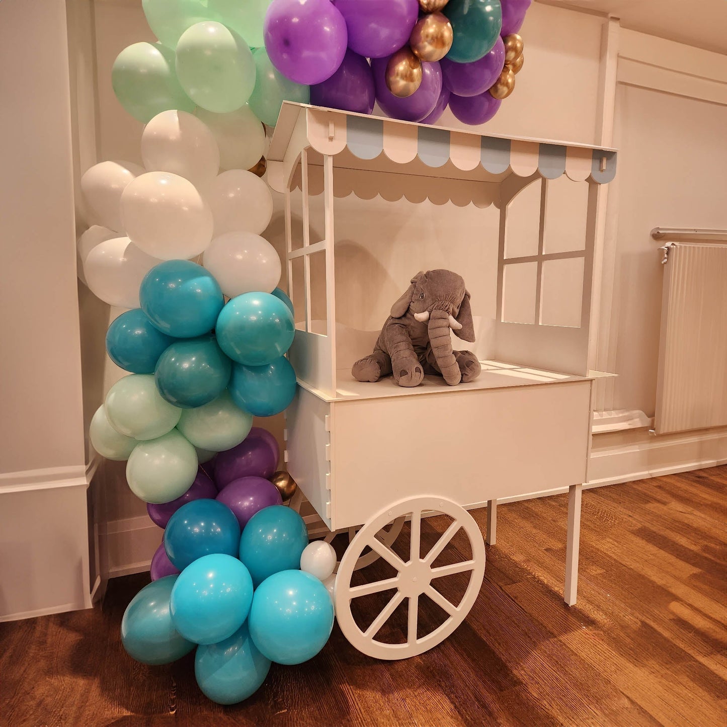 Party Decoration Cart on Wheels with Blue Roof for Sale!