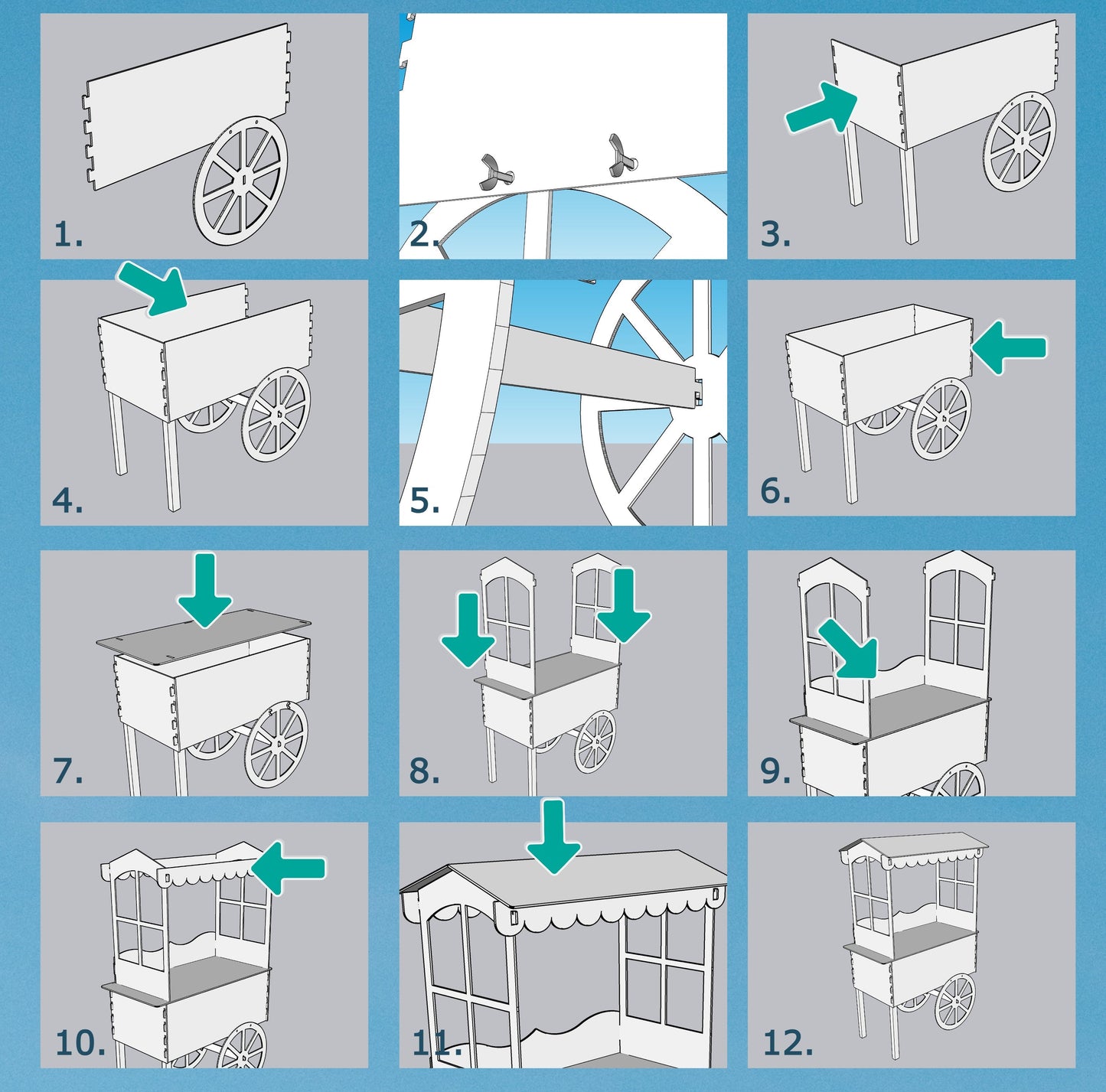 Party Decoration Cart on Wheels with Blue Roof for Sale!